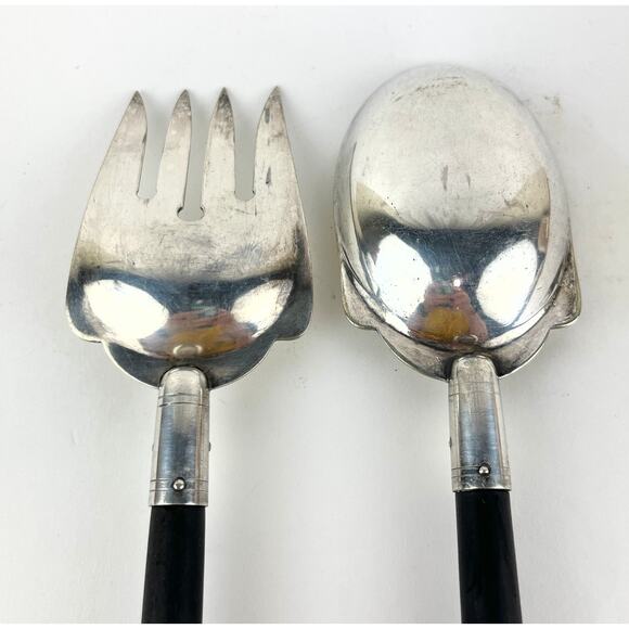 Ebony Handle and Silver Plate Salad Serving Spoon and Fork - Picture 3 of 6